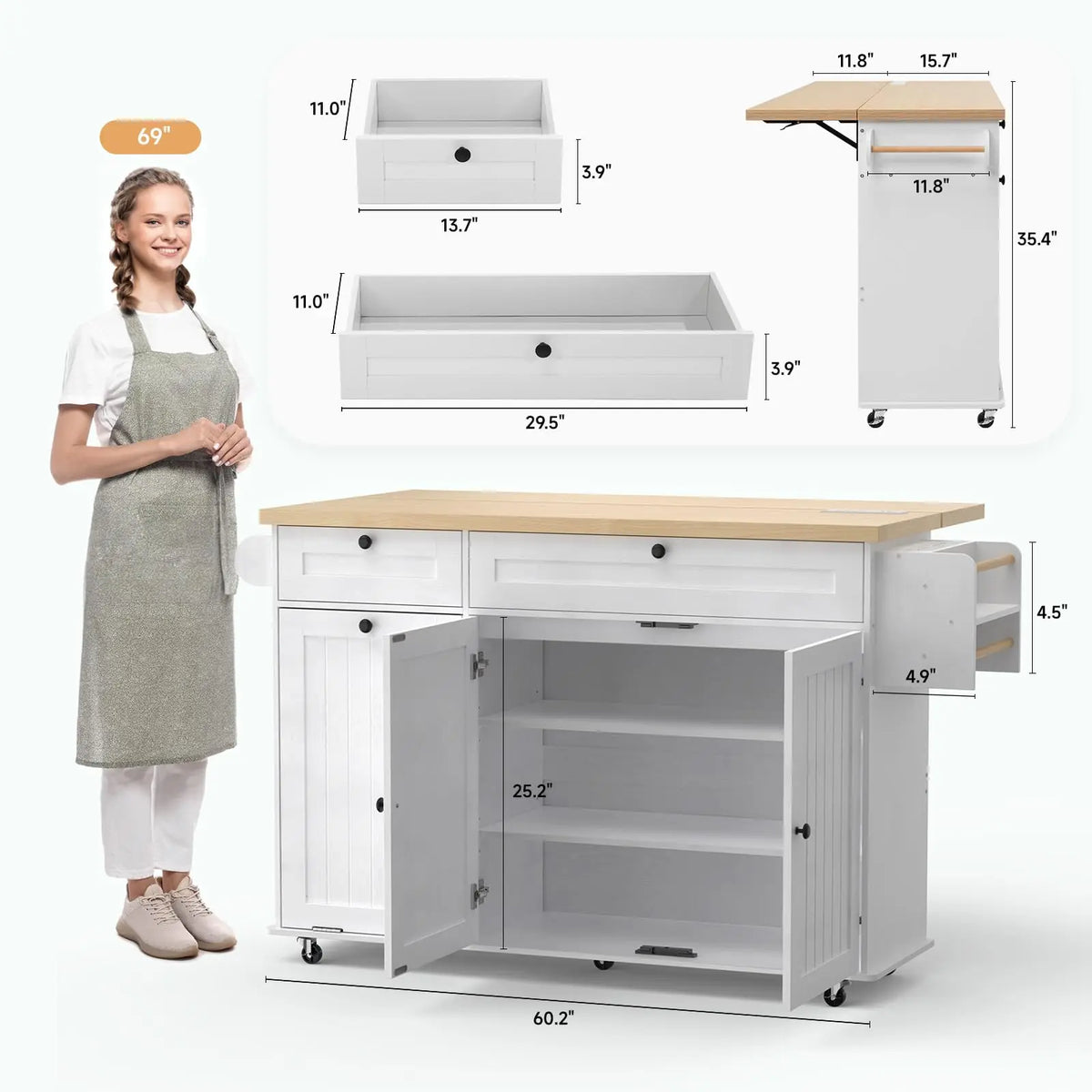 Onbrill Wood Mobile Kitchen Island With Power Outlet Rack
