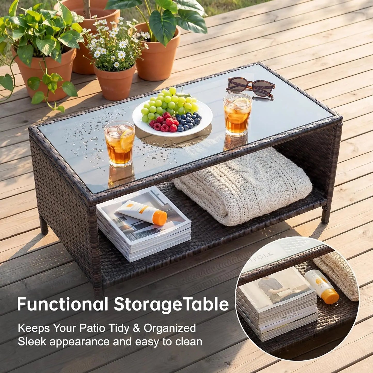 All-Weather Outdoor Patio Rattan Conversation Set With Glass Coffee Table
