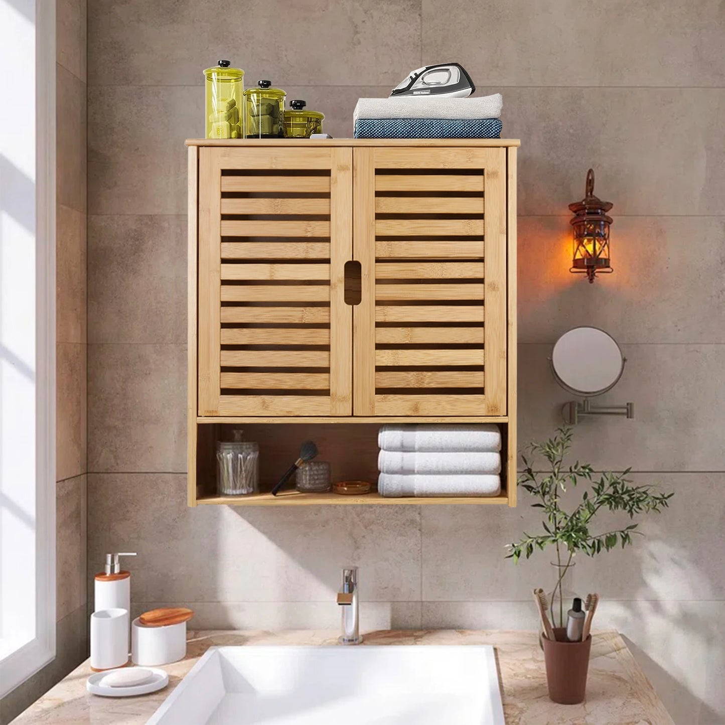 Wisfor Wall Mounted Bamboo Bathroom Cabinet Organizer Shelf