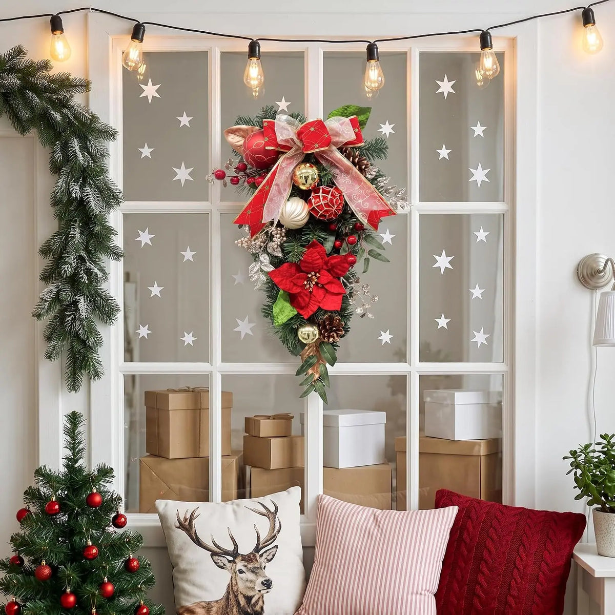 Garvee Christmas Teardrop Swag With LED Lights And Festive Pine
