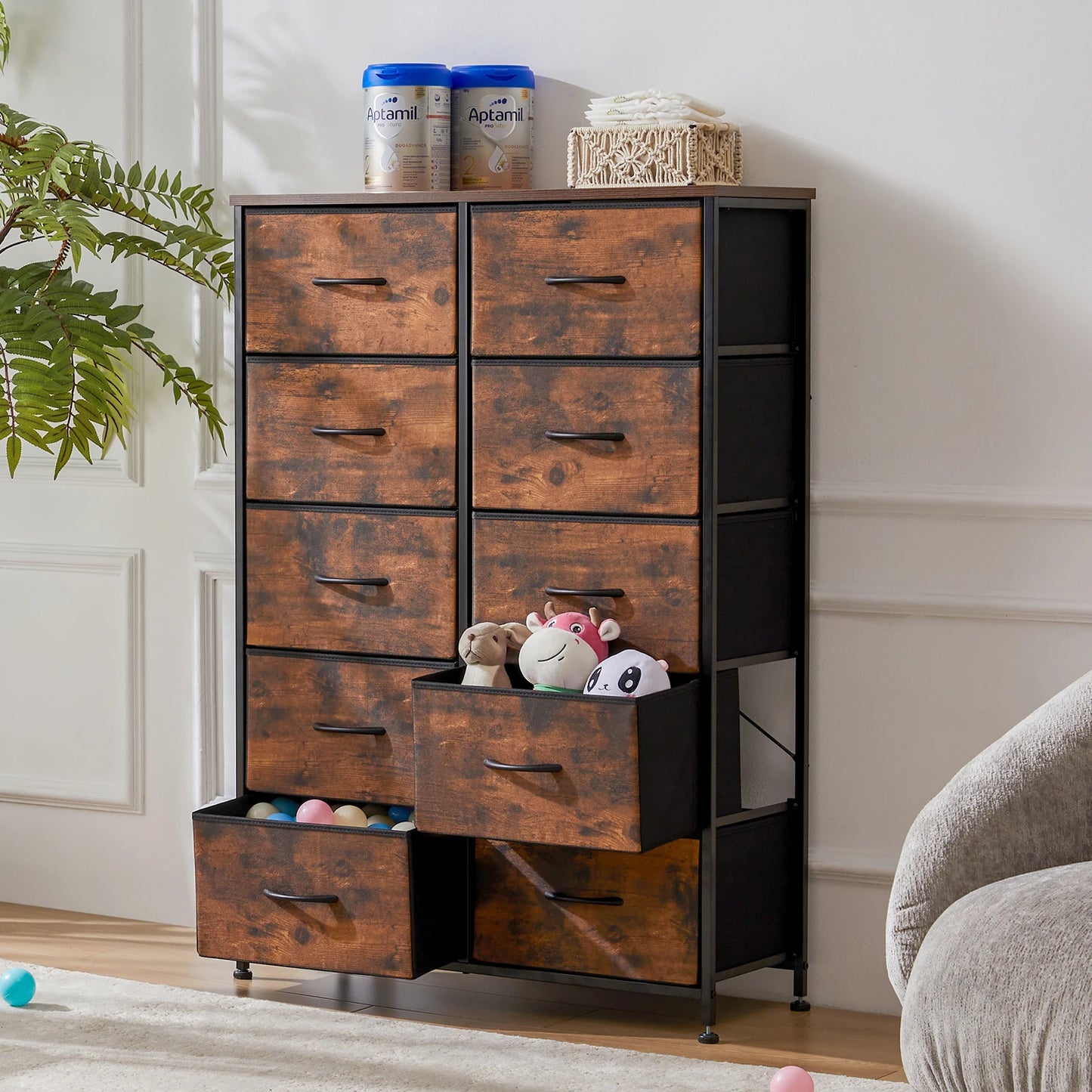 JHK Bedside Table With Fabric Drawers And Metal Frame