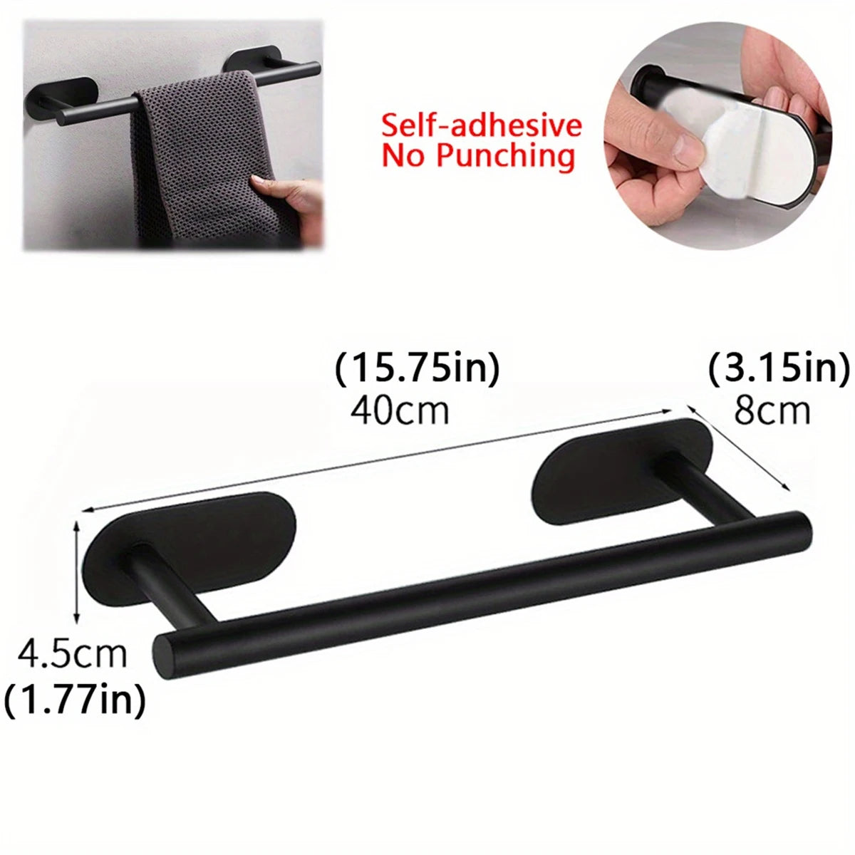 Stainless Steel Adhesive Towel Bar with Hook for Bathroom Kitchen