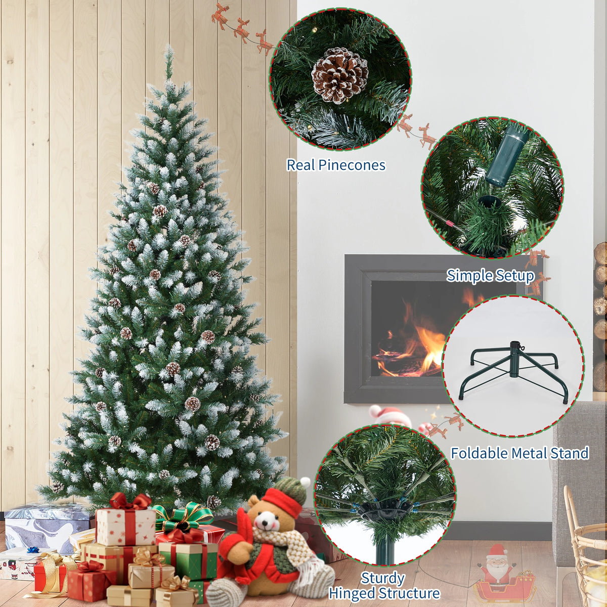 Prelit Slim Pencil Christmas Tree With Flocked Branches And Pinecones