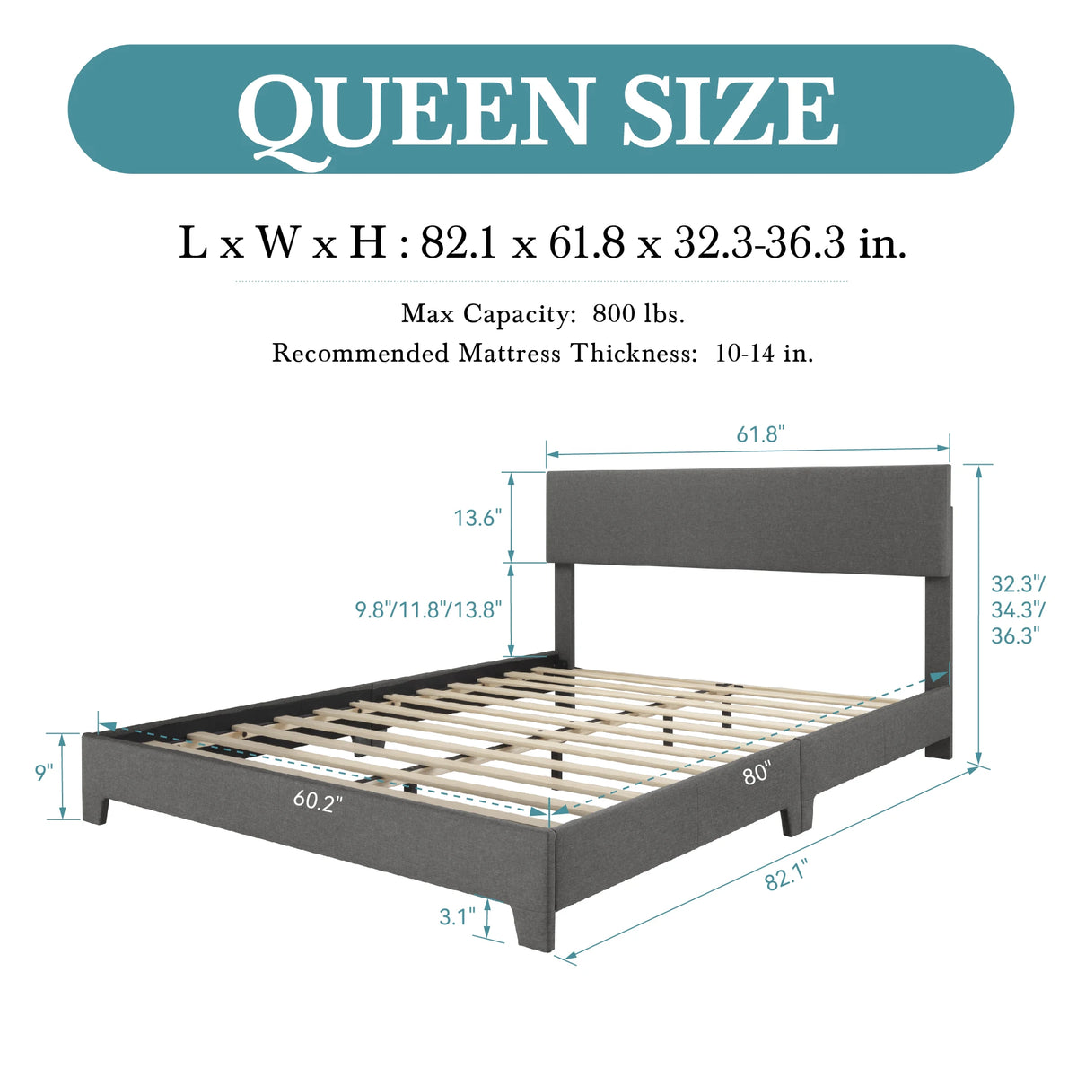 HOOMIC Upholstered Bed Frame With Linen Headboard And Wood Slats
