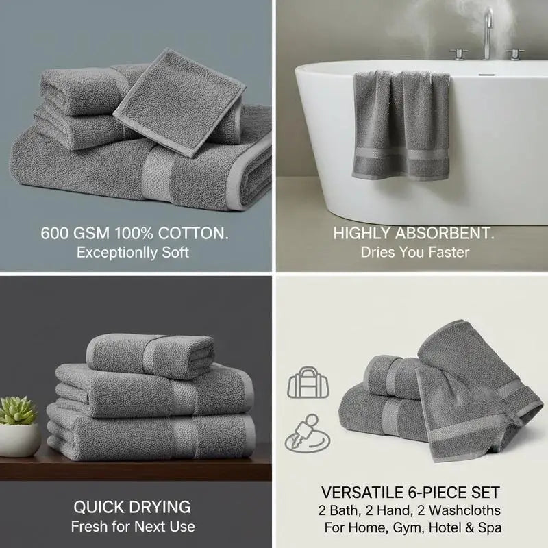 Premium 6 Piece Cotton Towel Set Highly Absorbent Quick Dry