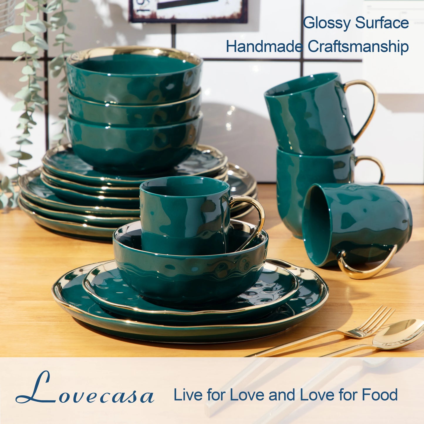 Malacasa Green 16 Piece Ceramic Dinnerware Set With Gold Trim