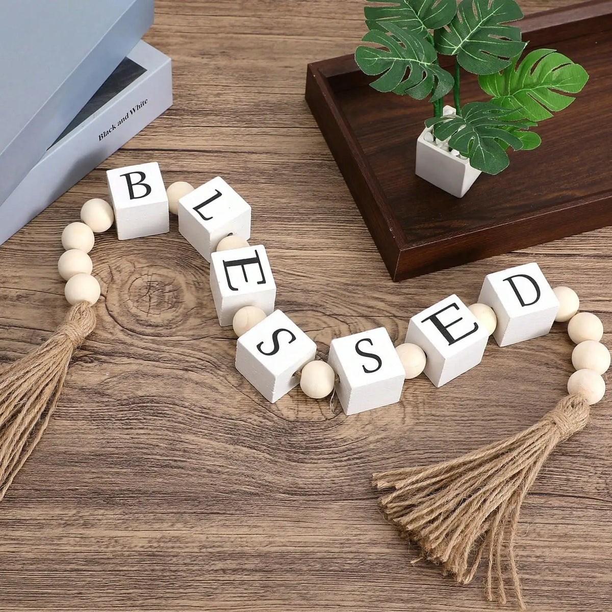Wood Letter Block Bead Garland With Tassels For Farmhouse Decor