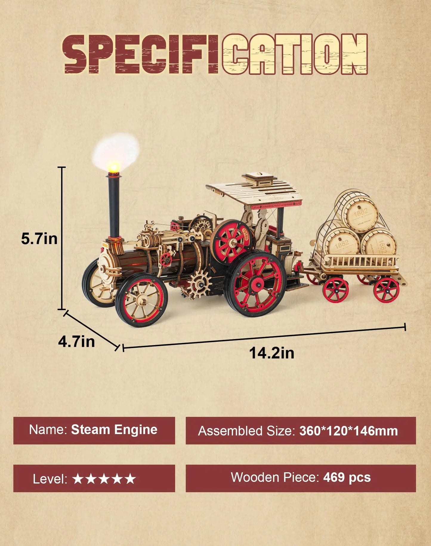 Robotime Rokr Tractor Locomotive 3D Wooden Puzzle Steam Engine