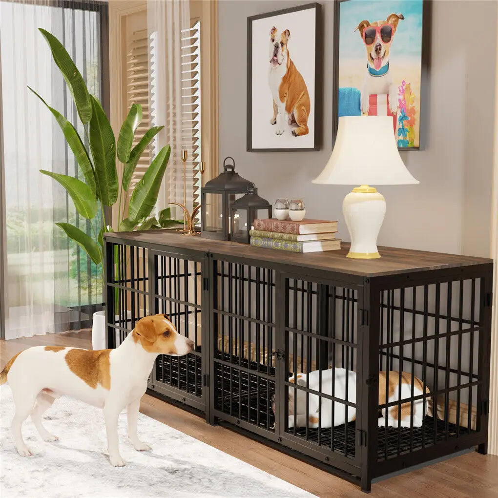 BINGOPAW Wooden Dog Crate With Metal Frame And Removable Tray
