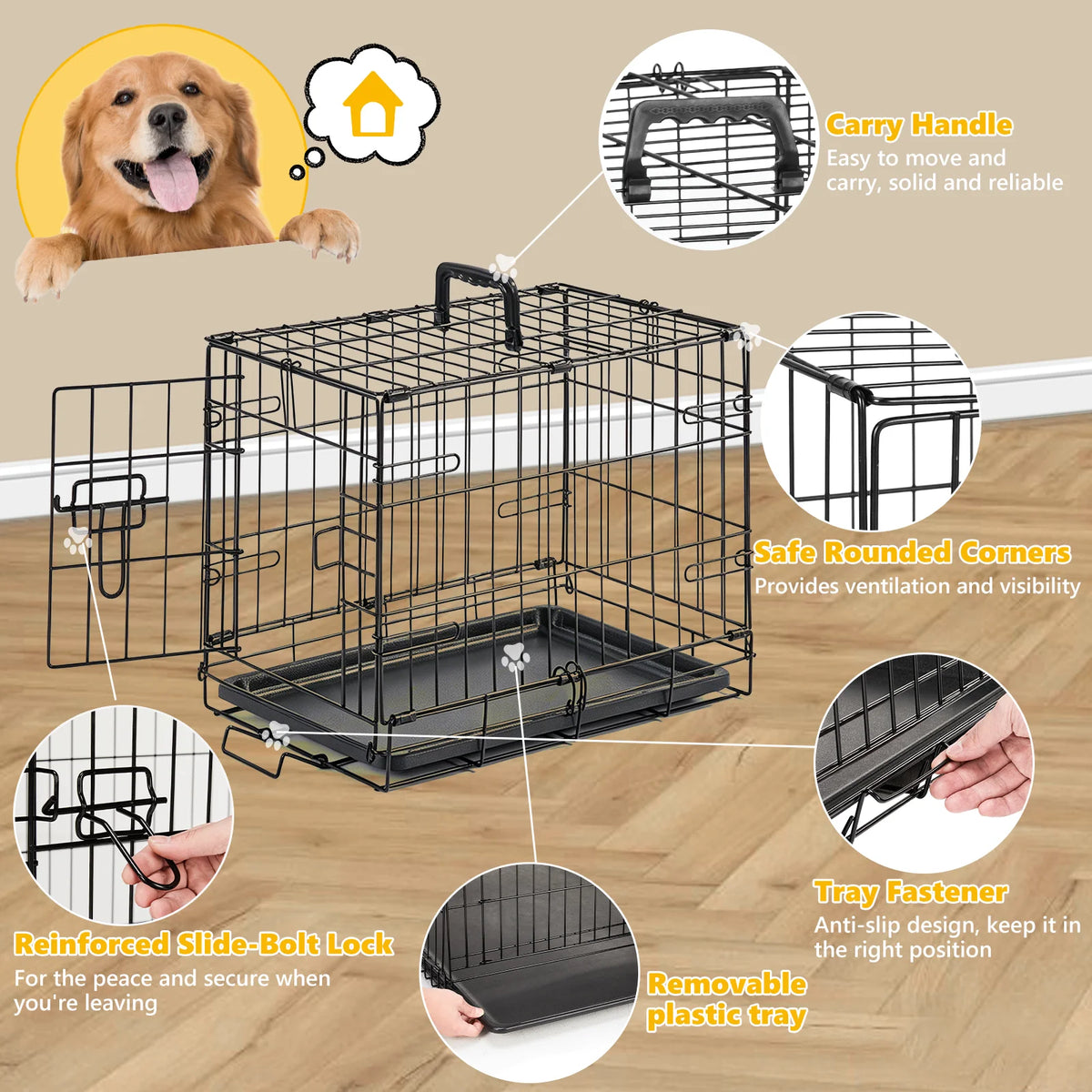 JHK Portable Metal Dog Crate With Secure Lock And Tray