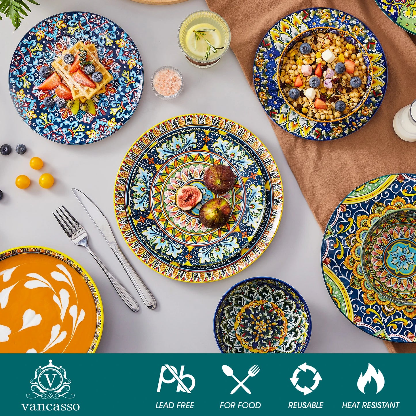 Malacasa 24 Piece Bohemian Ceramic Dinnerware Set Plates