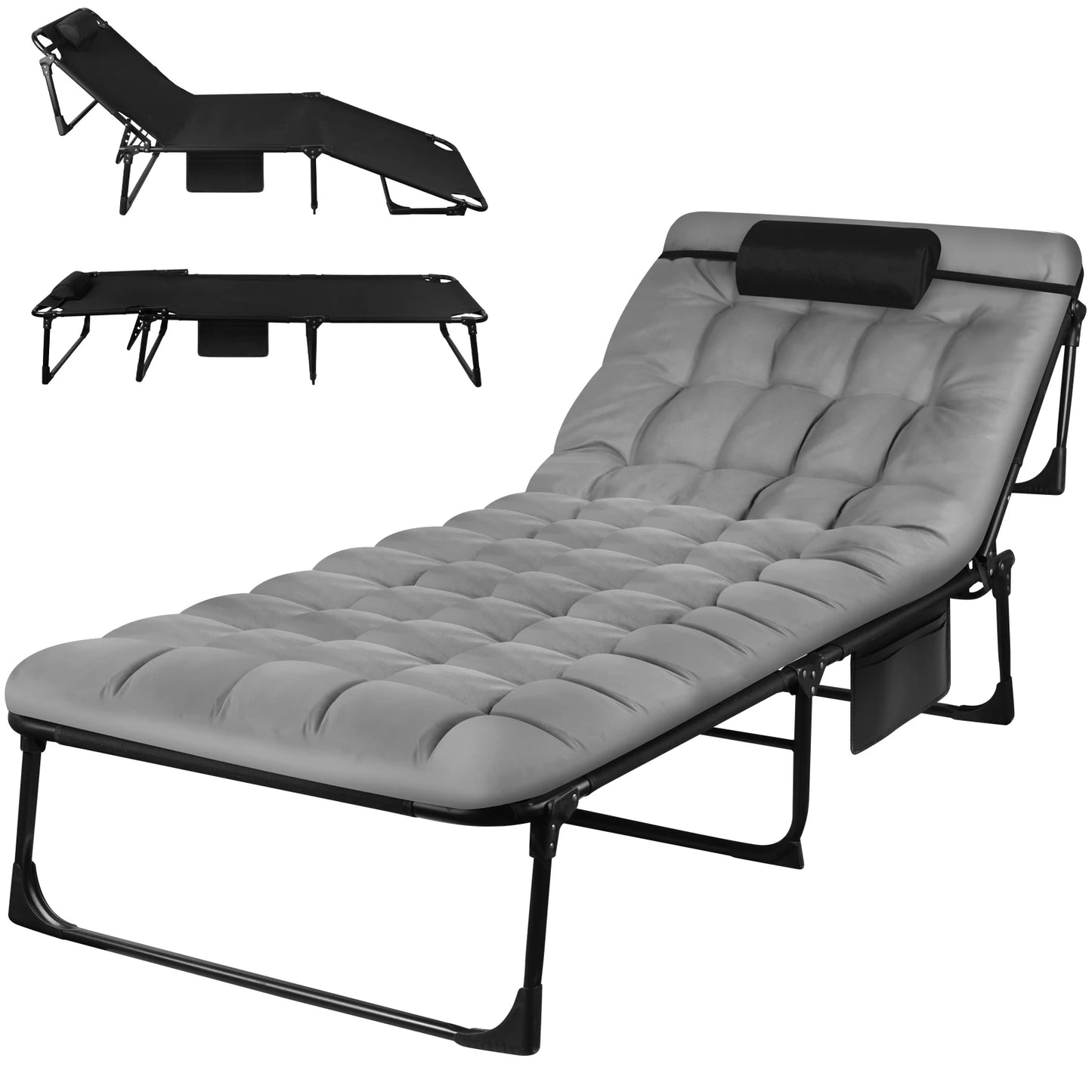 Portable Folding Camping Cot With Adjustable Reclining Lounge Chair Pillow