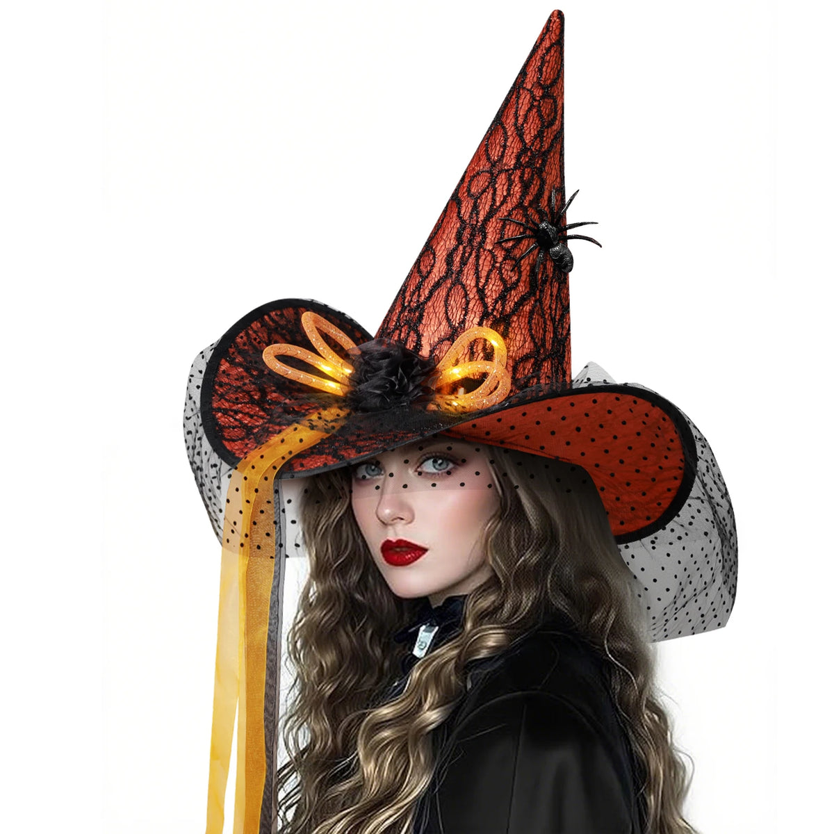 Womens Halloween Witch Hat with Lace Feather and LED Decor