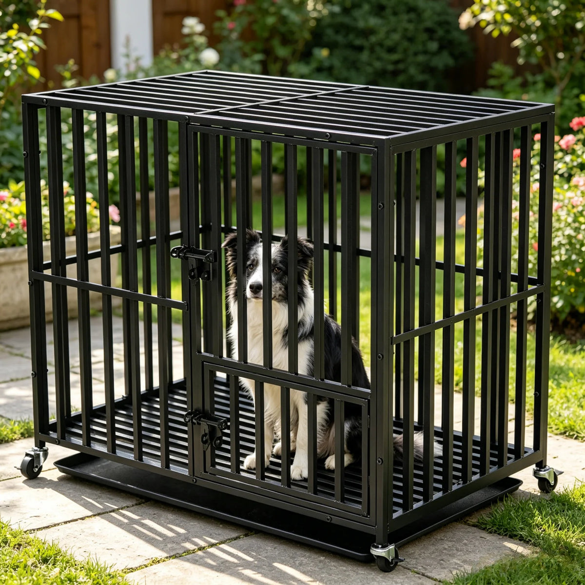 Bingopaw Heavy Duty Metal Dog Crate With Lockable Wheels Tray