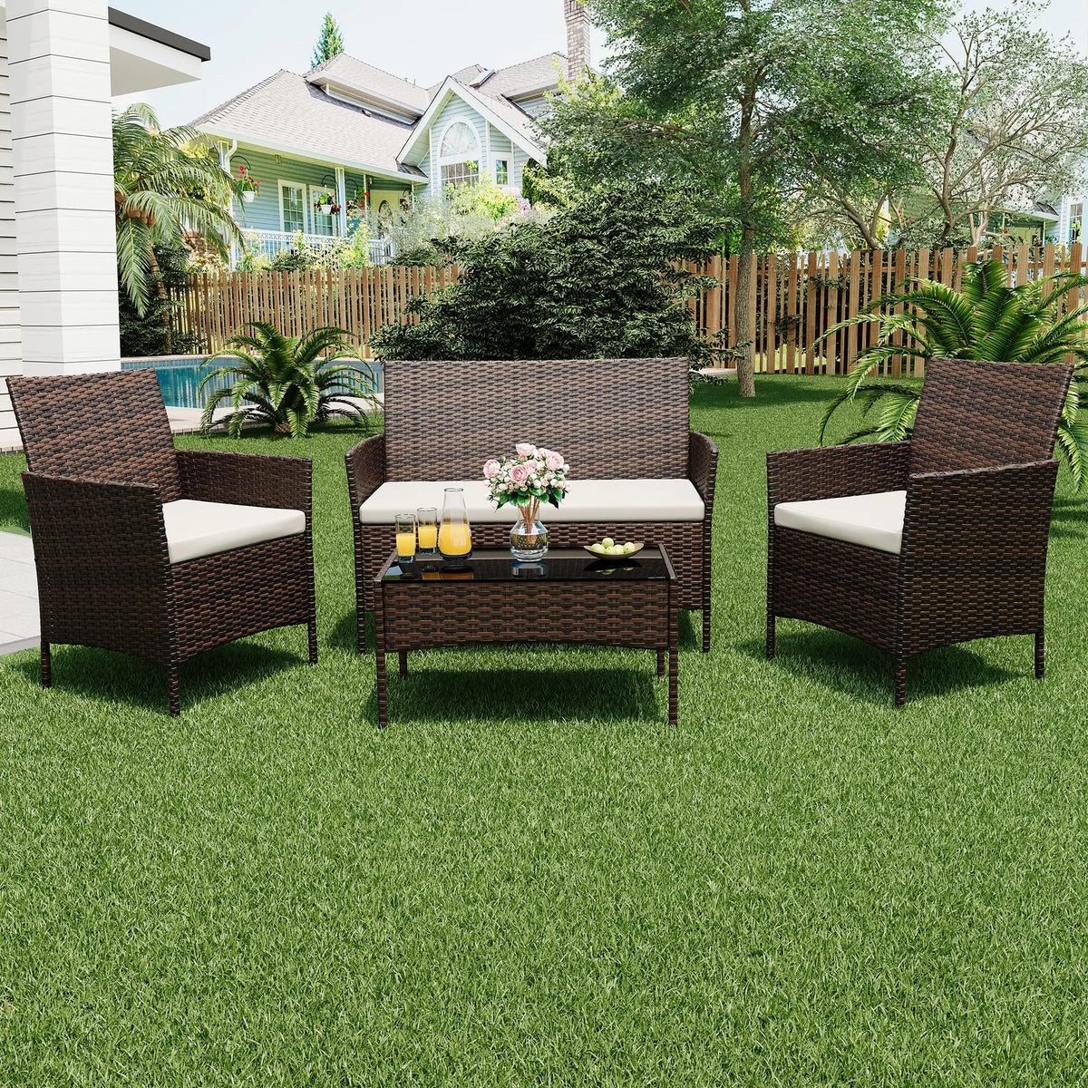 Himiss 4 Piece Outdoor Rattan Patio Furniture Set With Cushions