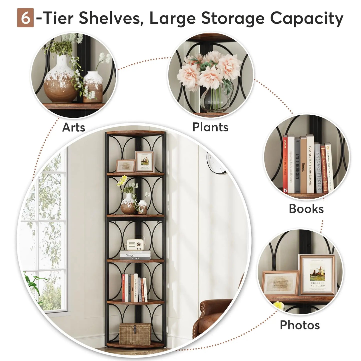 Tribesigns Tall Corner Shelf Unit Rustic Wood Bookshelf Storage