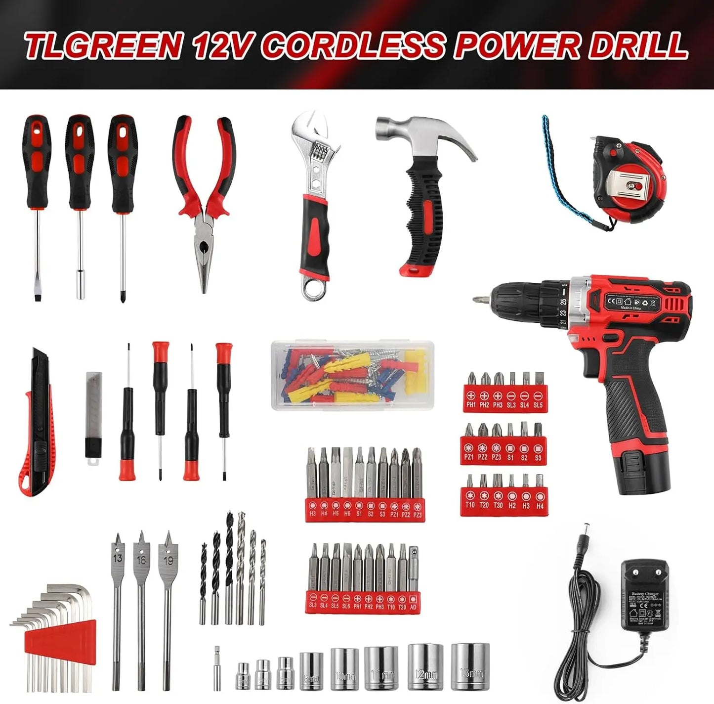 TLGREEN 138 Pieces Power Tool Set With 12V Cordless Drill