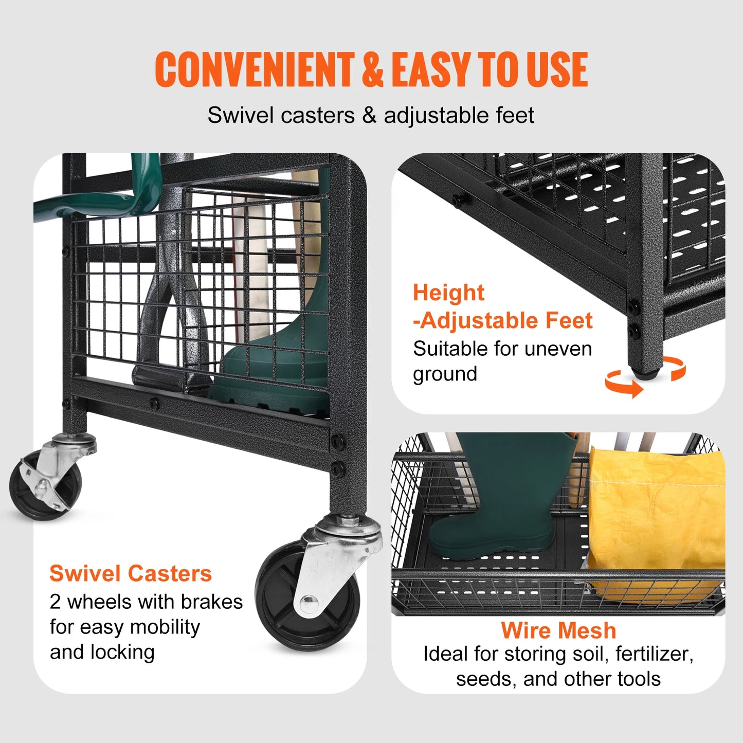 Garden Tool Organizer Rack With Hooks And Wheels For Garage Storage