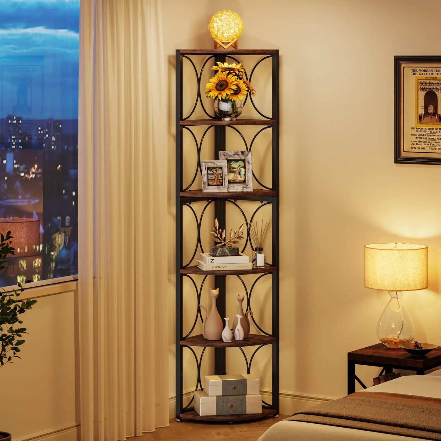 Tribesigns Tall Corner Shelf Unit Rustic Wood Bookshelf Storage