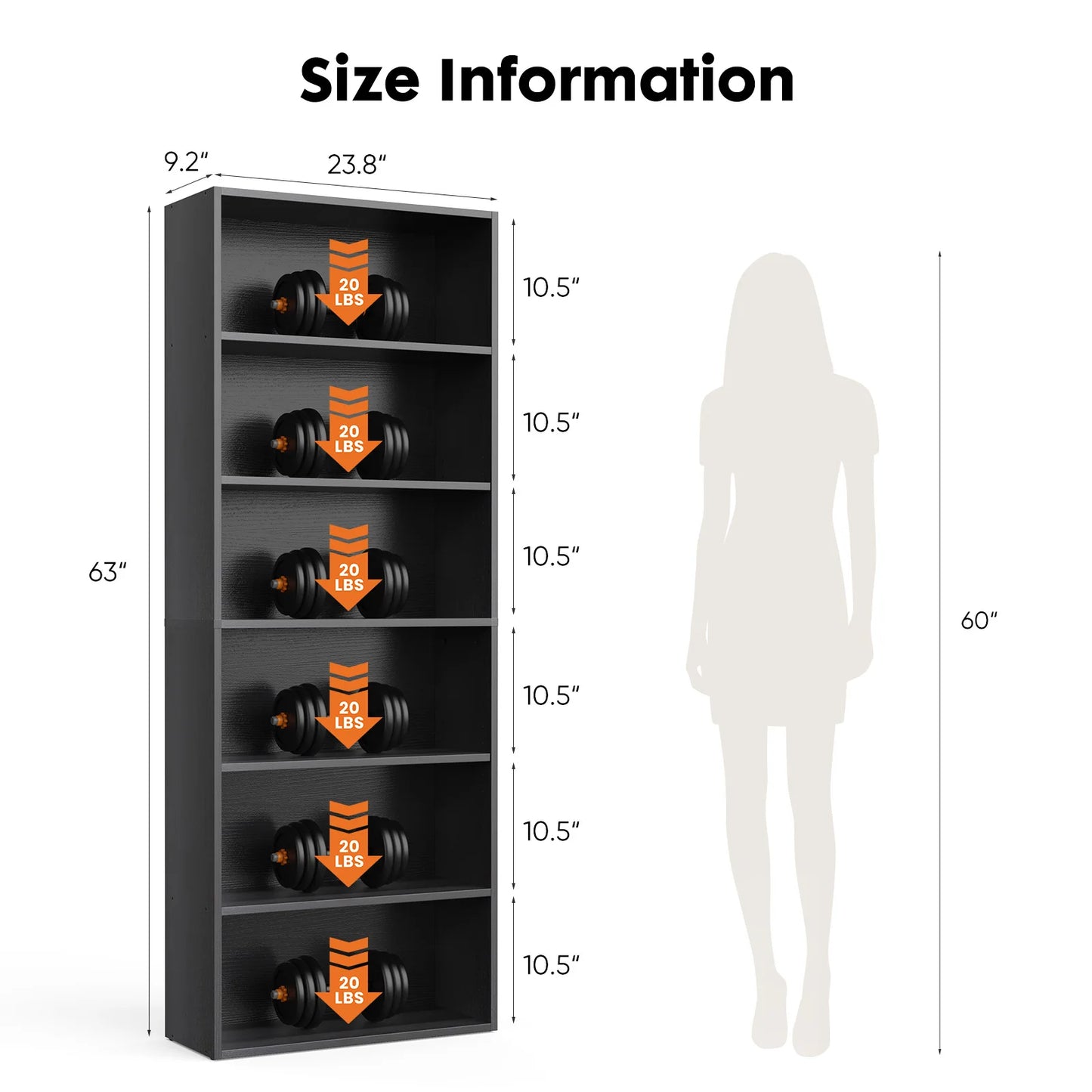 JHK 6-Tier Wooden Bookcase Floor Standing Open Bookshelf
