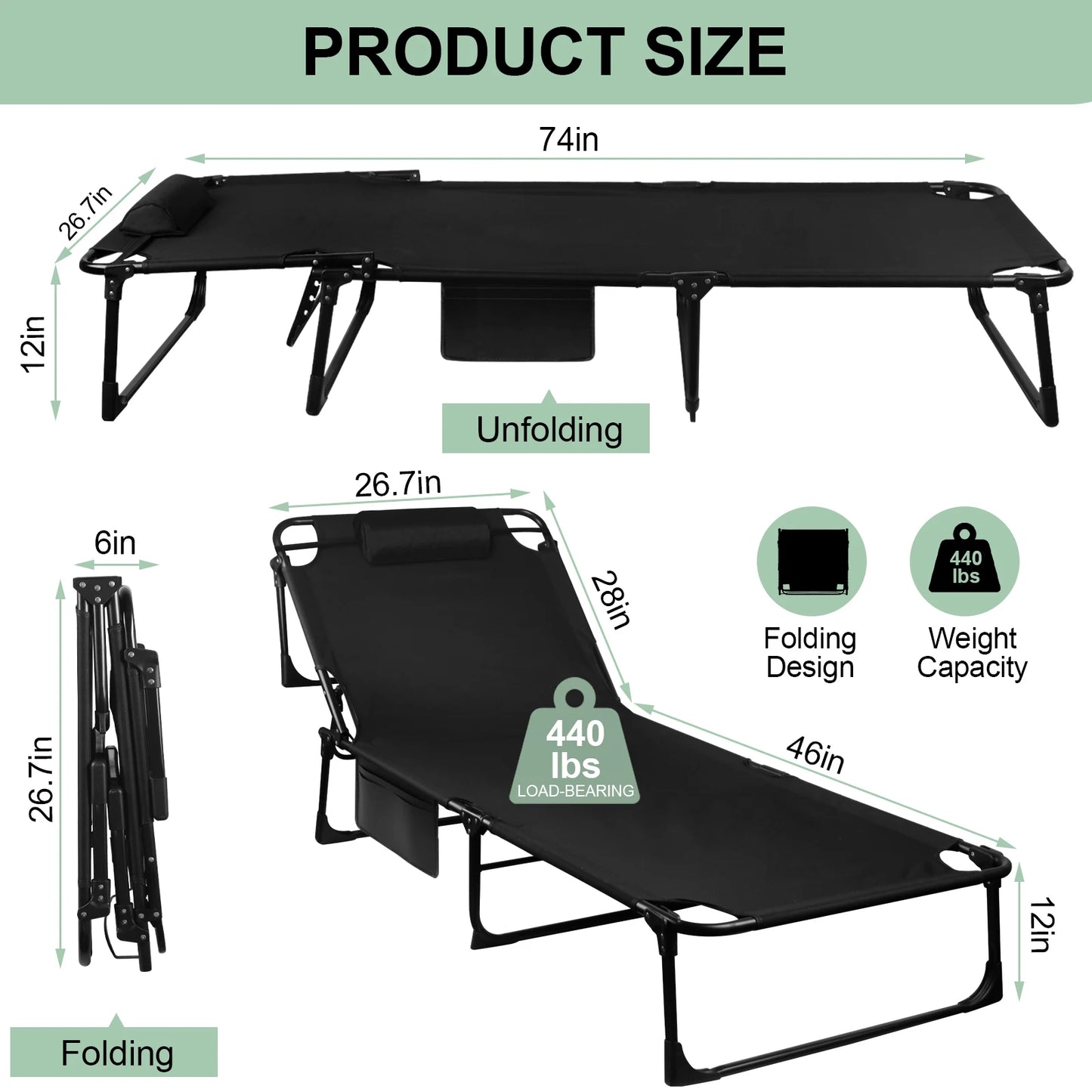 Portable Folding Camping Cot With Adjustable Reclining Lounge Chair Pillow