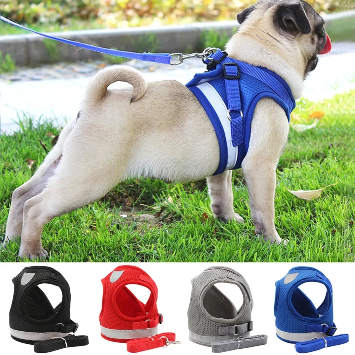 Reflective Adjustable Dog Harness With Leash And Mesh Vest