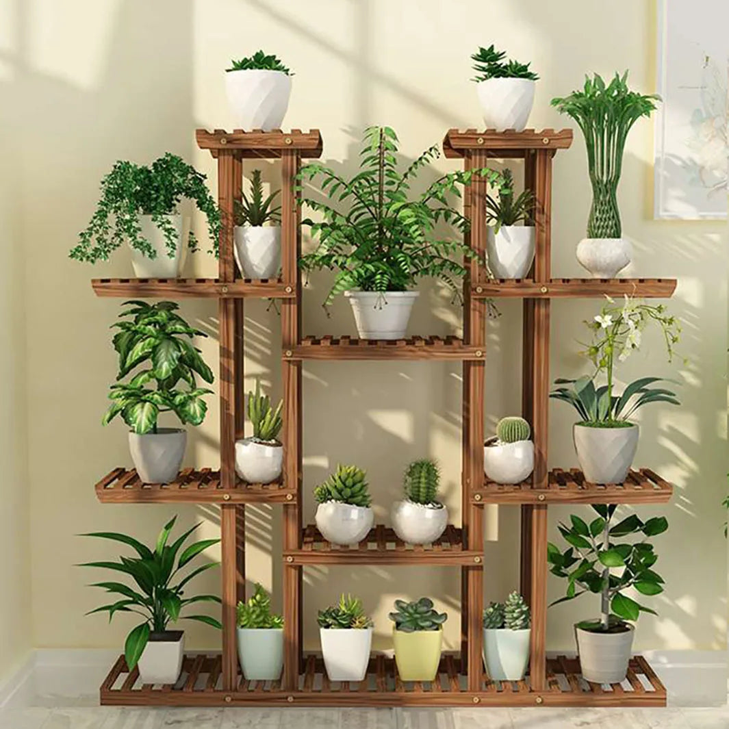 11 Tier Wood Plant Stand Carbonized Display Shelf For Garden