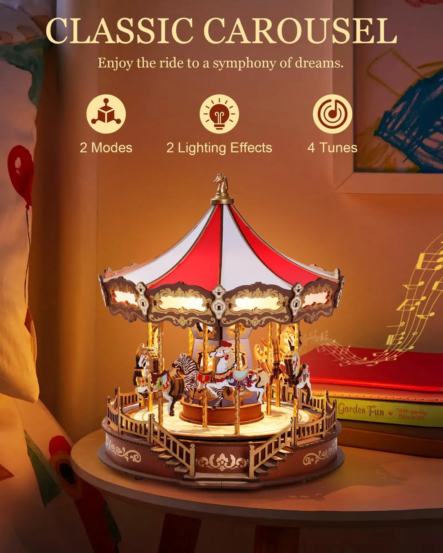 Robotime Rolife Classic Carousel Music Boxes 3D Wooden Puzzle With Lights