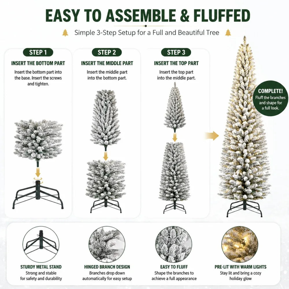 Snow Flocked Slim Prelit Christmas Tree With Warm Lights