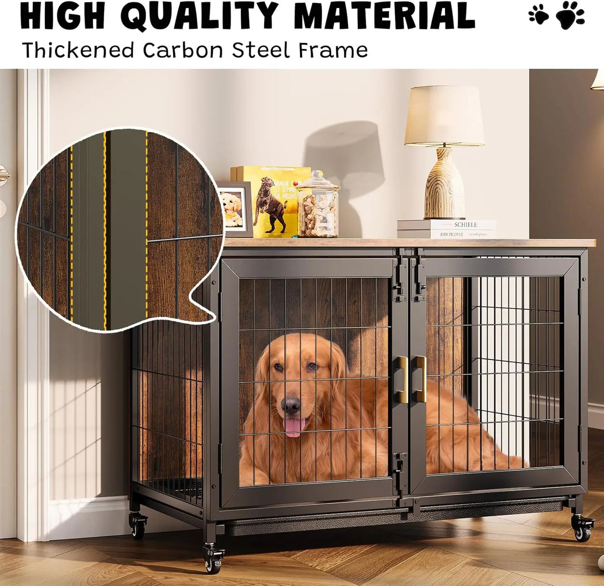 HiMISS Wooden Dog Crate Furniture With Heavy Duty Steel Frame