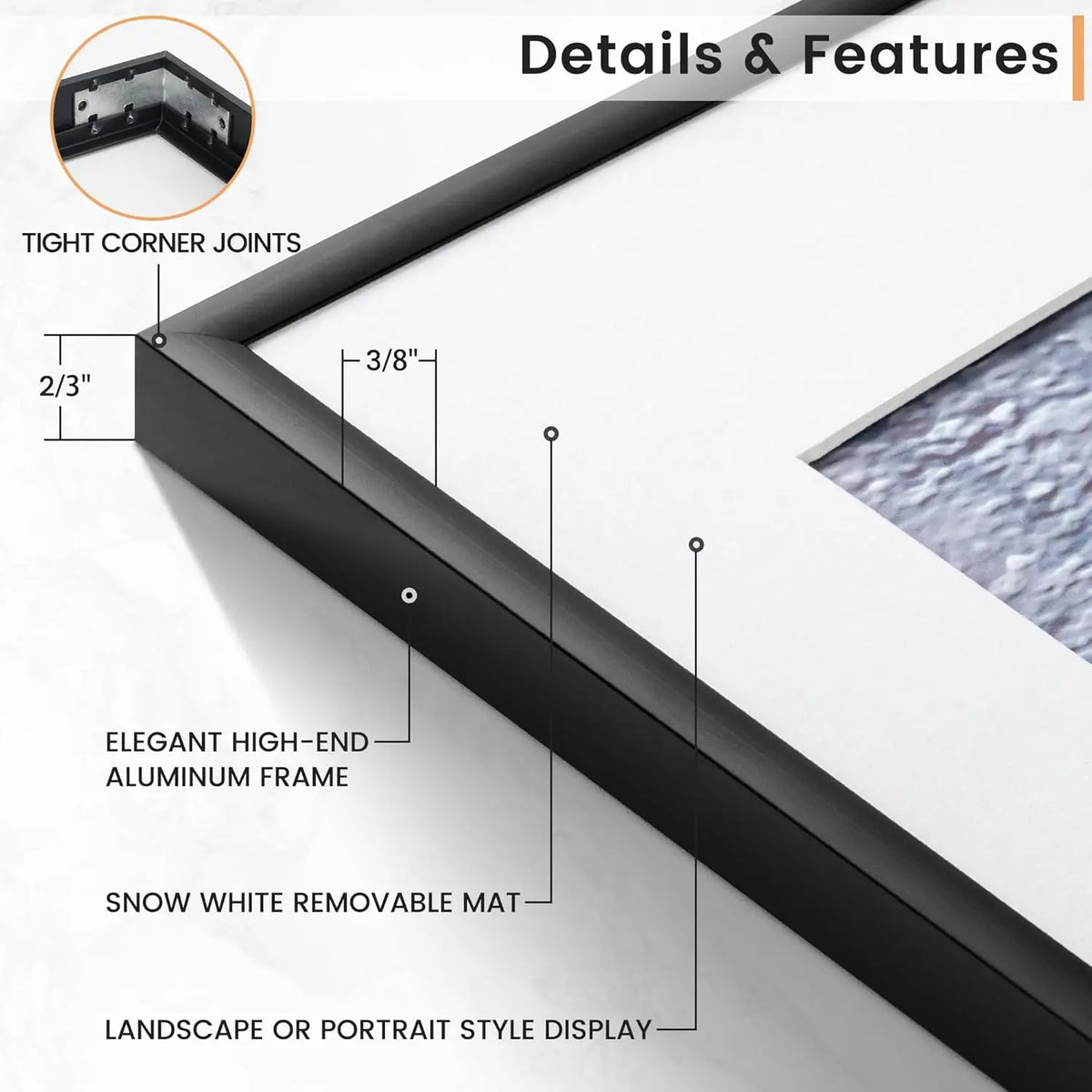 Premium Aluminum Picture Frame Set With Mat For Wall Display