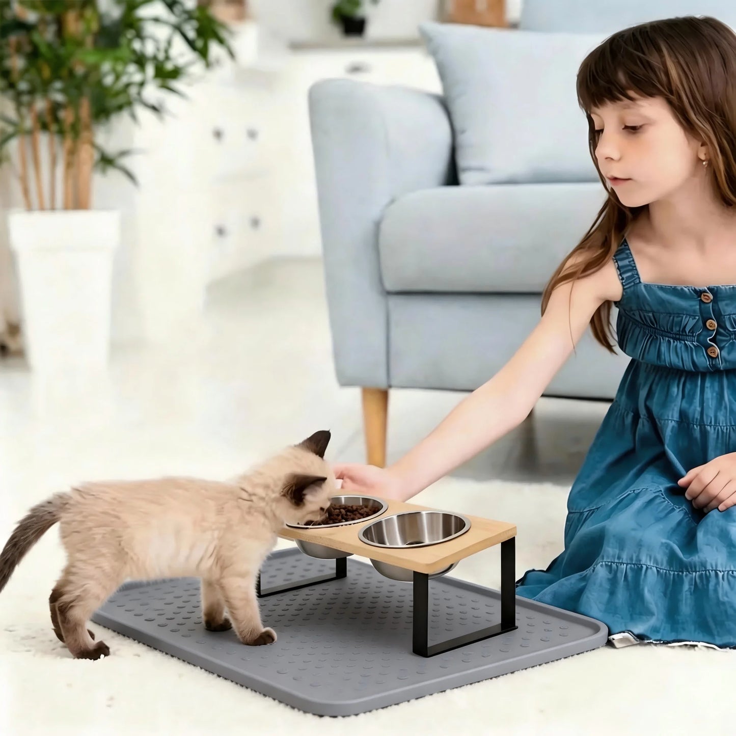 Elevated Tilted Cat Bowls With Wooden Stand And Stainless Steel