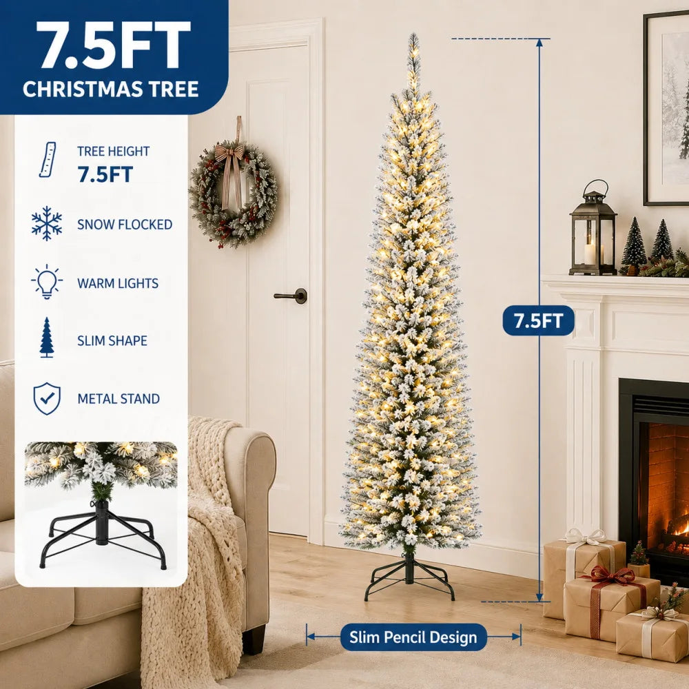Snow Flocked Slim Prelit Christmas Tree With Warm Lights
