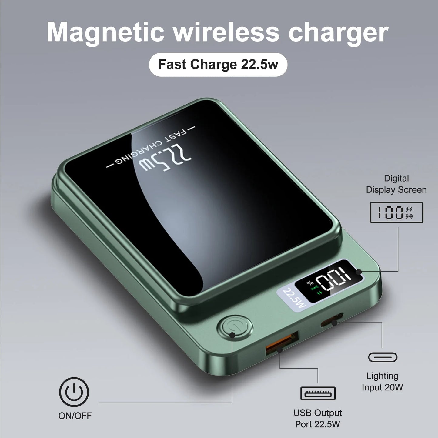 Portable 22.5W Wireless Power Bank With Solar and LED Display