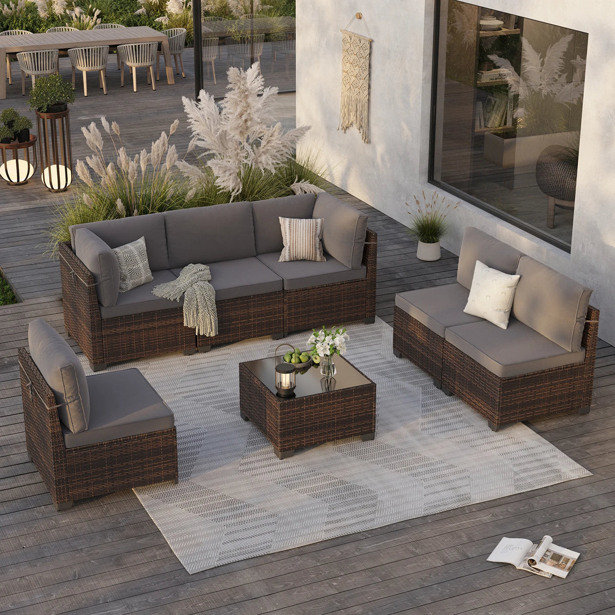 7 Piece Outdoor Rattan Patio Furniture Conversation Set Sectional