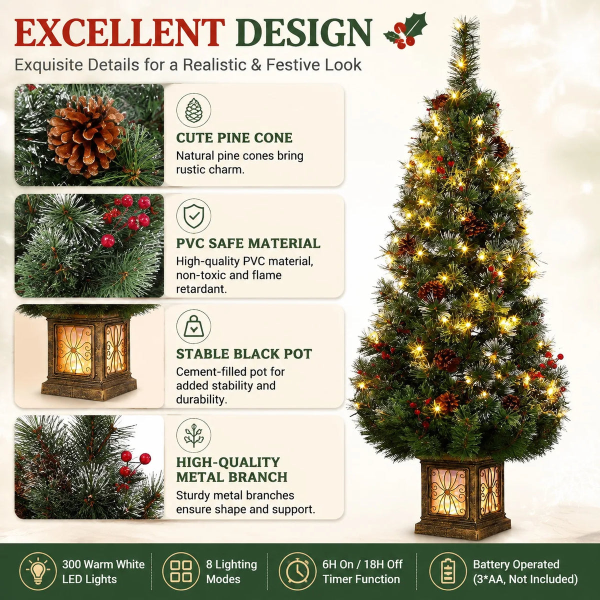 Prelit Christmas Tree With LED Lights And Antique Urn Base