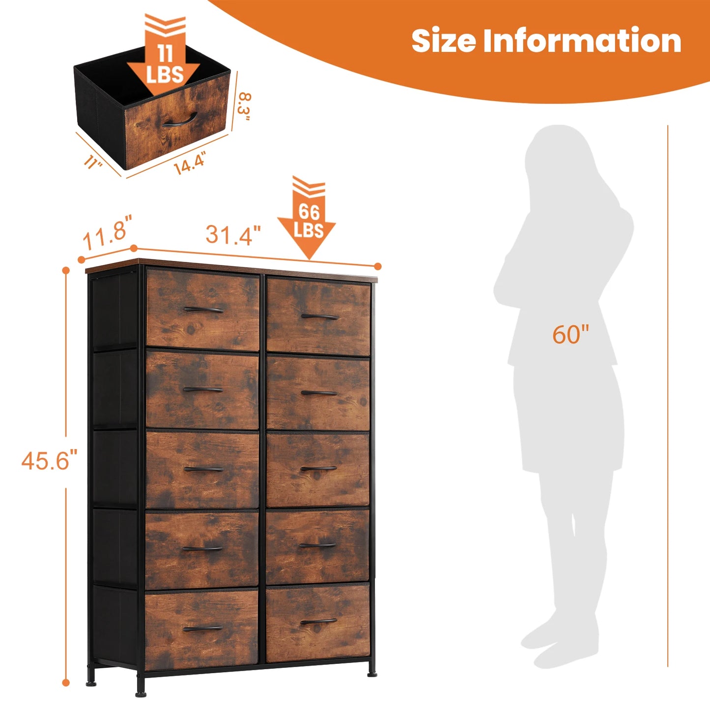 JHK Bedside Table With Fabric Drawers And Metal Frame