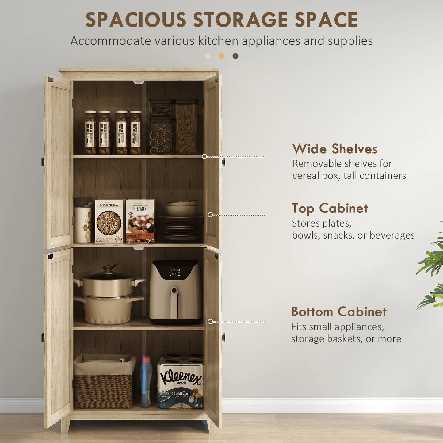 Freestanding Farmhouse Kitchen Pantry Cabinet With 4 Doors Adjustable Shelves