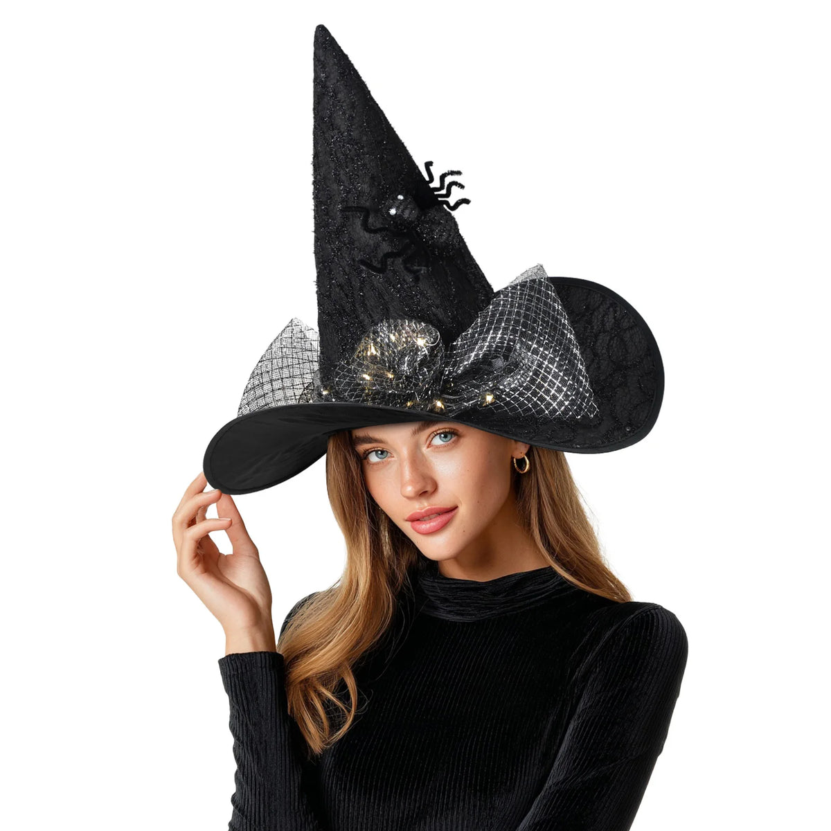 Womens Halloween Witch Hat with Lace Feather and LED Decor
