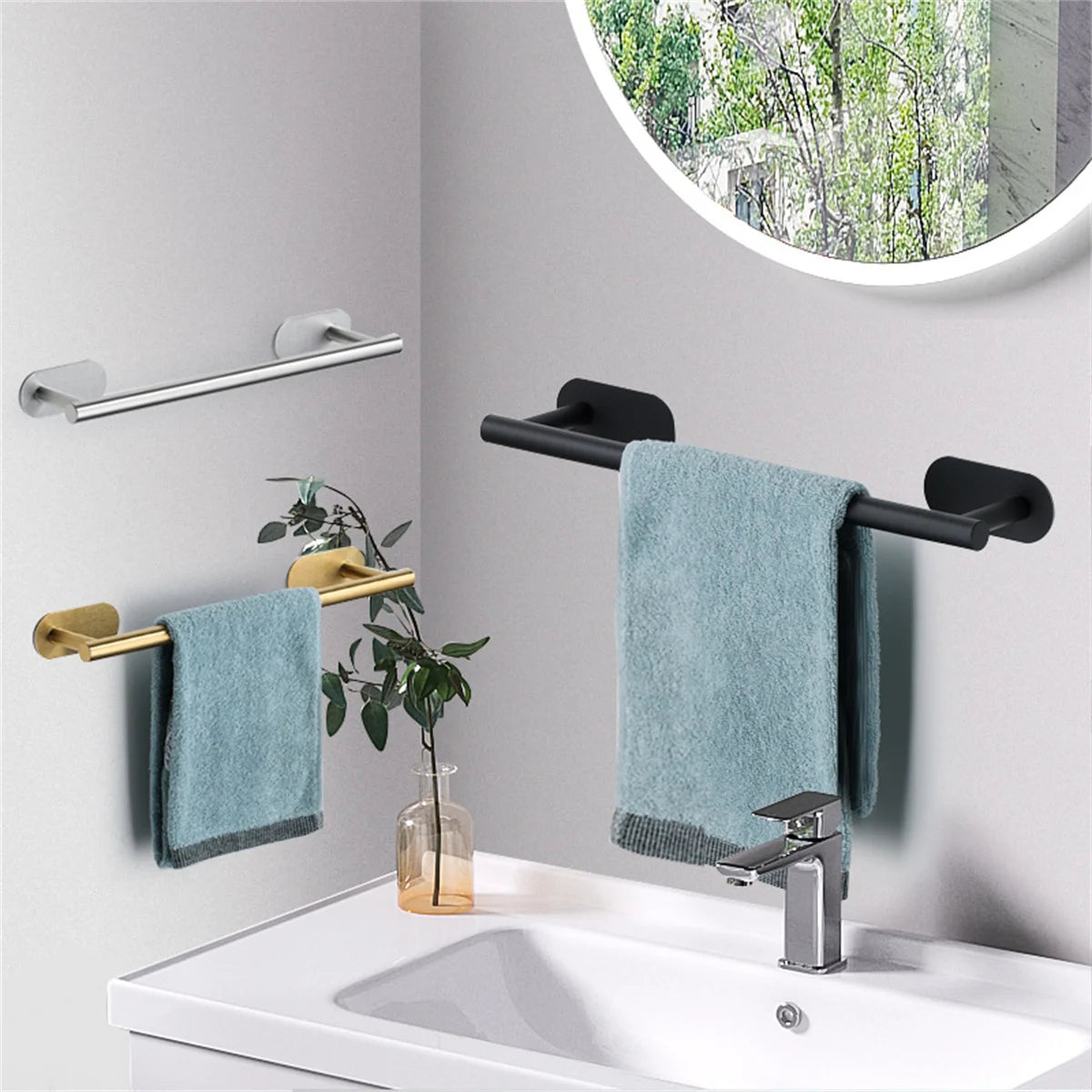 Stainless Steel Adhesive Towel Bar with Hook for Bathroom Kitchen
