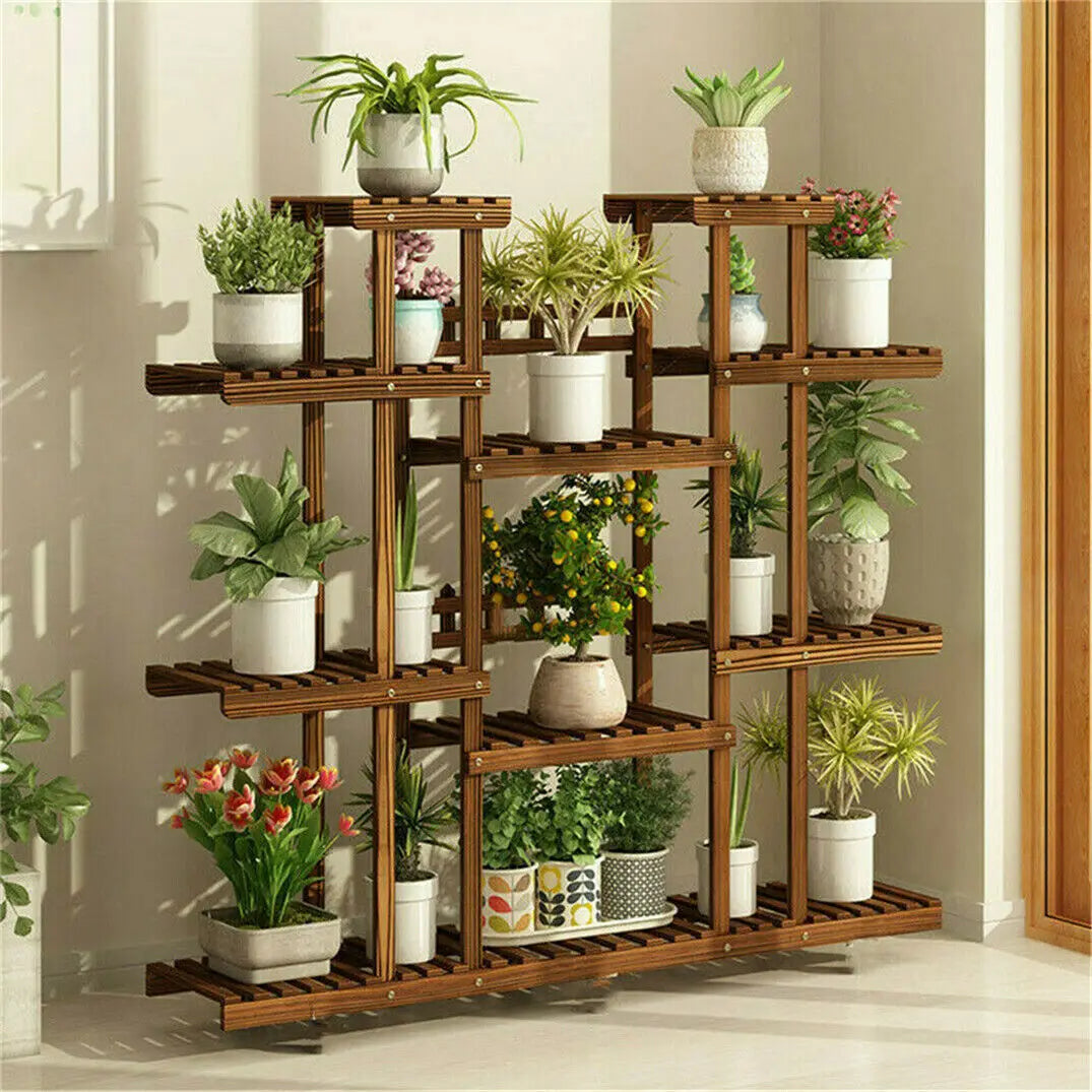 11 Tier Wood Plant Stand Carbonized Display Shelf For Garden
