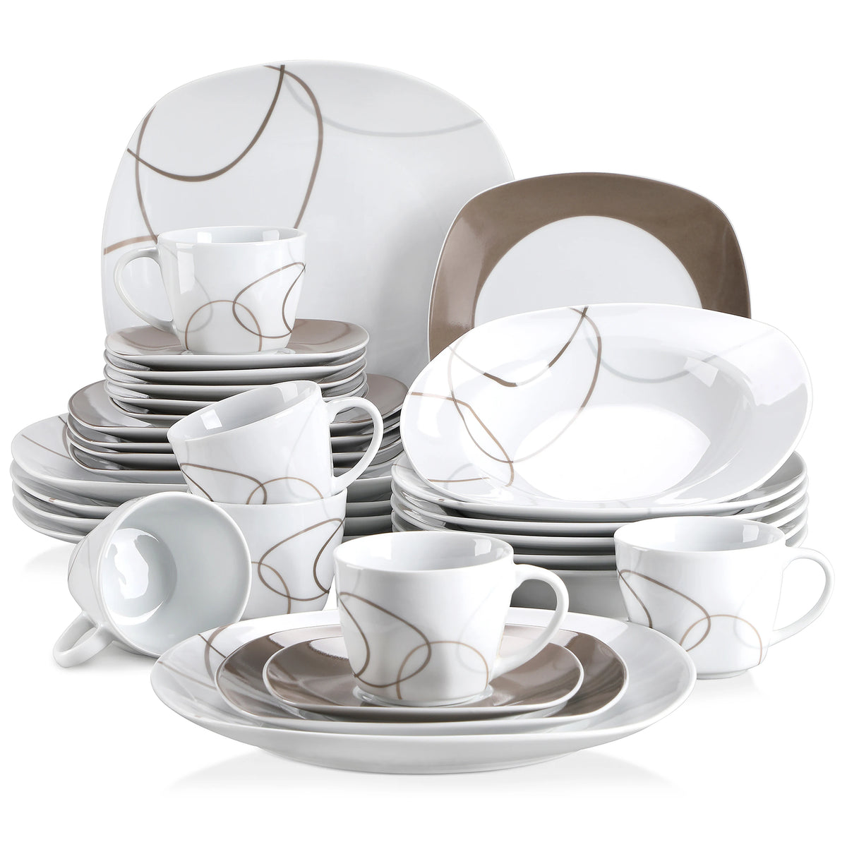 MALACASA Porcelain Ceramic Dinner Plate Set With Cups And Saucers