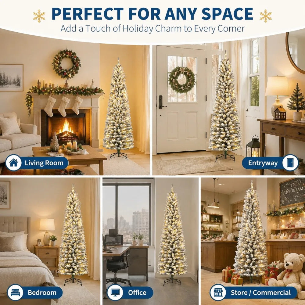 Snow Flocked Slim Prelit Christmas Tree With Warm Lights