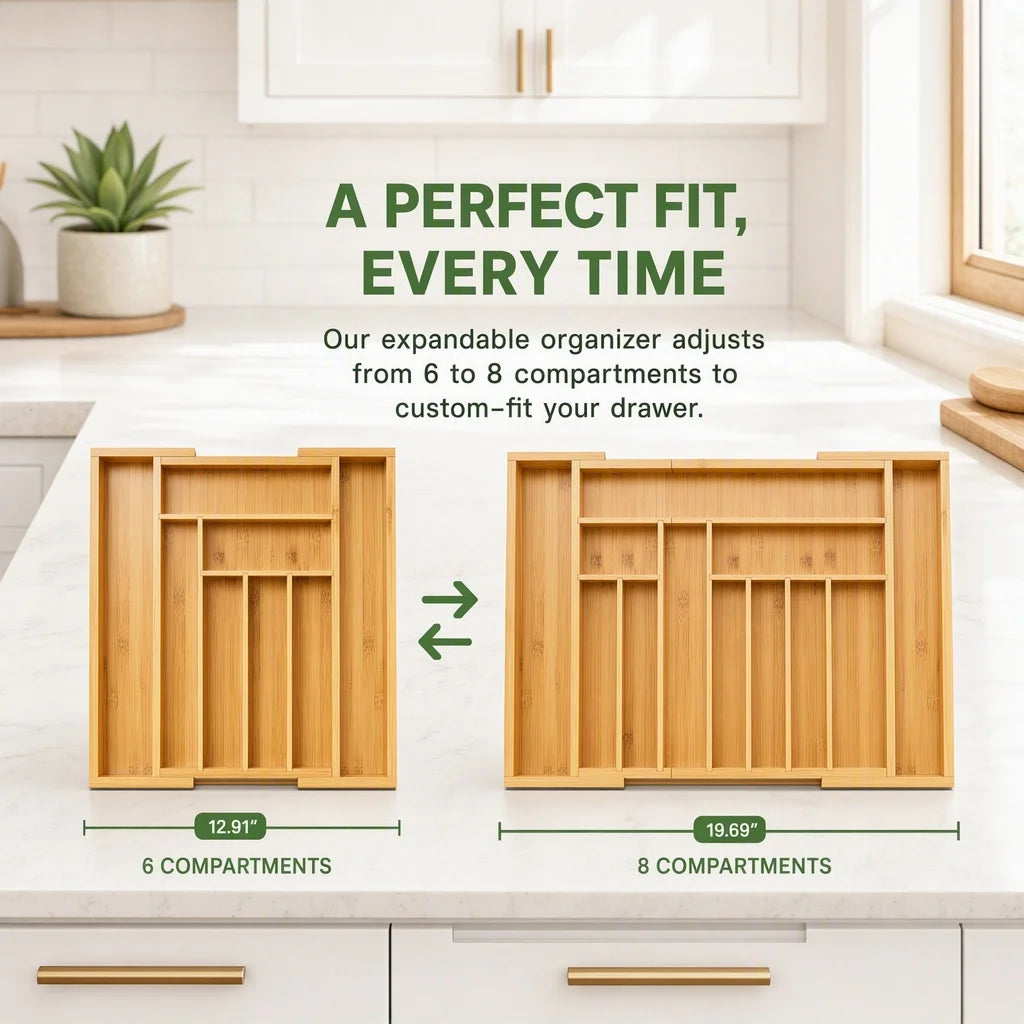 Expandable Bamboo Drawer Organizer For Kitchen Utensils And Silverware Storage