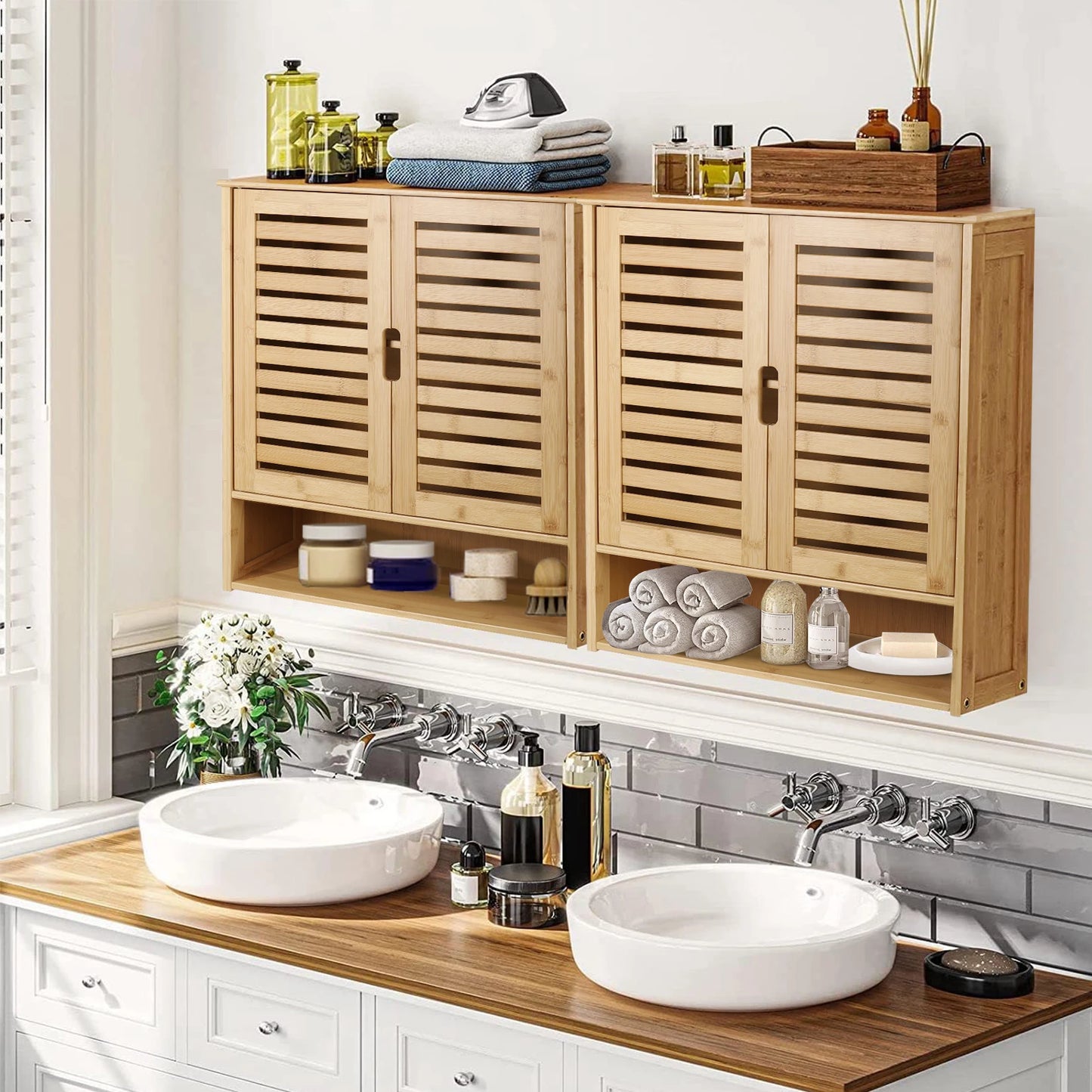 Wisfor Wall Mounted Bamboo Bathroom Cabinet Organizer Shelf