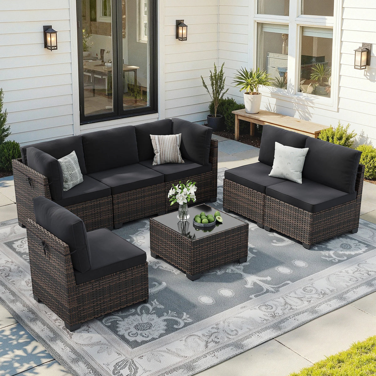 7 Piece Outdoor Rattan Patio Furniture Conversation Set Sectional