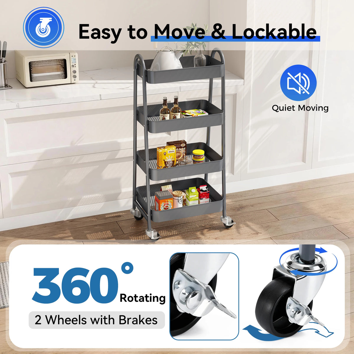 JHK Four Tier Rolling Storage Cart With Lockable Wheels For Home