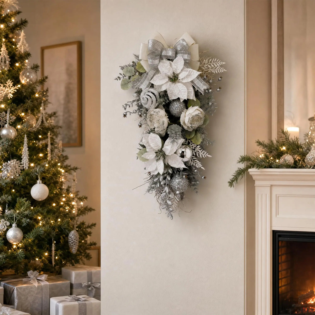 HiMISS Frosted Pine Christmas Teardrop Swag With Roses And Poinsettia