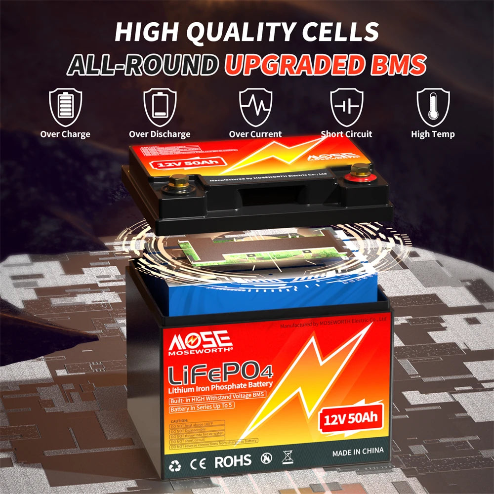 Moseworth 12V 50Ah LiFePO4 Battery With 50A BMS Deep Cycle