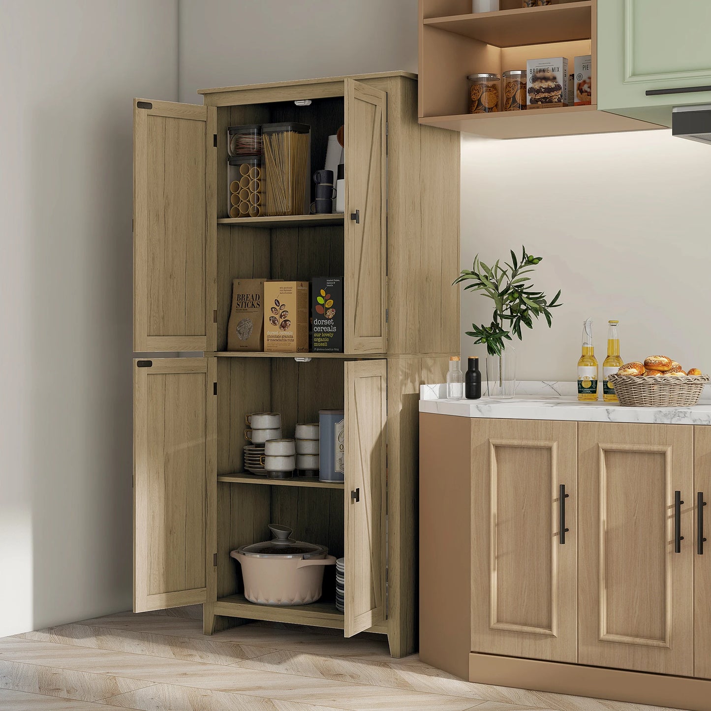 Freestanding Farmhouse Kitchen Pantry Cabinet With 4 Doors Adjustable Shelves
